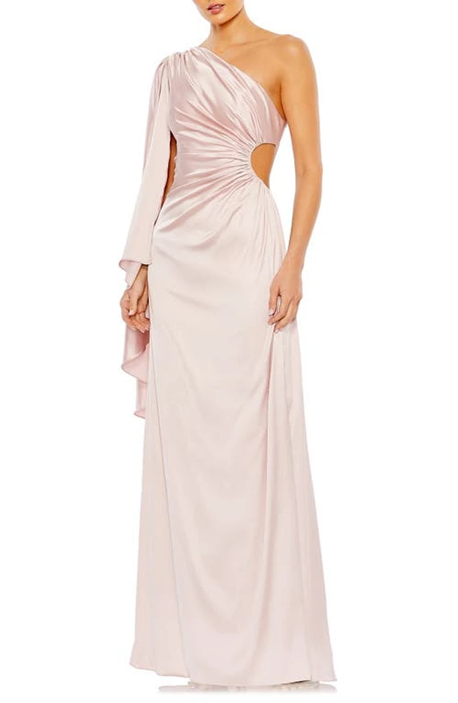 Ieena for Mac Duggal Drape Sleeve One-Shoulder Satin A-Line Gown Ballet Pink at Nordstrom,