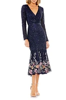 Mac Duggal Floral Embellished Long Sleeve Midi Cocktail Dress at Nordstrom,