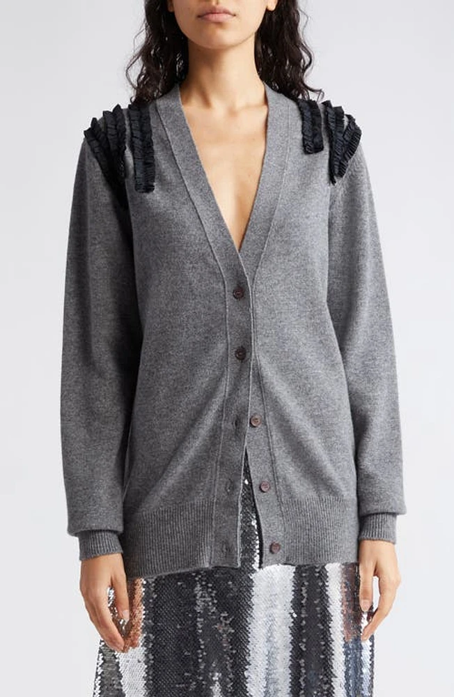 Molly Goddard Taffeta Trim Wool & Cashmere V-Neck Cardigan in Grey at Nordstrom, Size Small