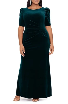 Xscape Evenings Ruched Puff Sleeve Velvet Gown Hunter at Nordstrom,