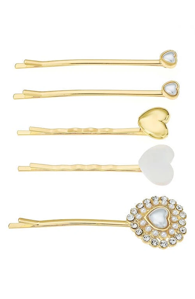 Ettika Assorted 5-Pack Crystal & Imitation Pearl Heart Hair Pins in Gold at Nordstrom