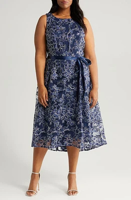 Alex Evenings Embroidered Tie Waist Sleeveless Dress Navy at Nordstrom,