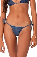 EDIKTED Didi Distressed Denim Side Tie Bikini Bottoms Blue at Nordstrom,