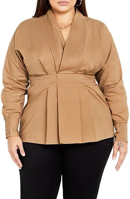 City Chic Sophisticated Pleated Peplum Shirt in Caramel at Nordstrom