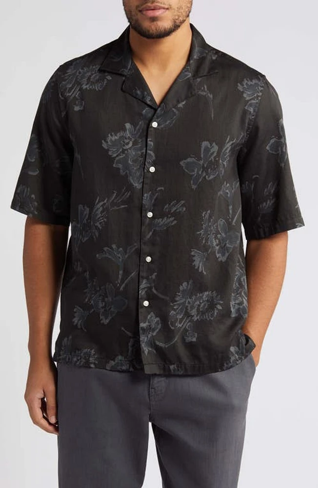 Officine Générale Eren Floral Short Sleeve Cotton Button-Up Shirt Black/Grey at Nordstrom,