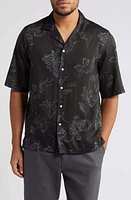 Officine Générale Eren Floral Short Sleeve Cotton Button-Up Shirt Black/Grey at Nordstrom,