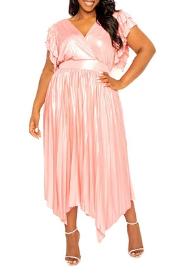 BUXOM COUTURE Metallic Pleated Flutter Sleeve Maxi Dress Peach at Nordstrom, X