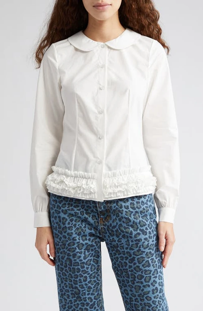 Molly Goddard Sara Ruffle Hem Cotton Button-Up Shirt White at Nordstrom, Us