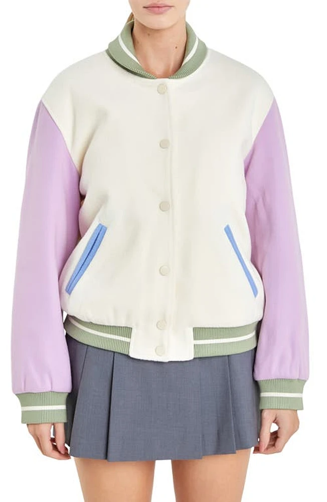 English Factory Colorblock Bomber Jacket Ivory Multi at Nordstrom,