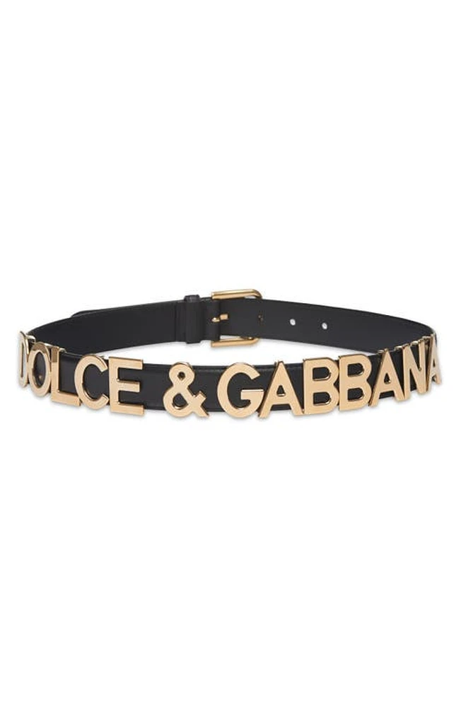 Dolce & Gabbana Logo Leather Belt Black Gold at Nordstrom,