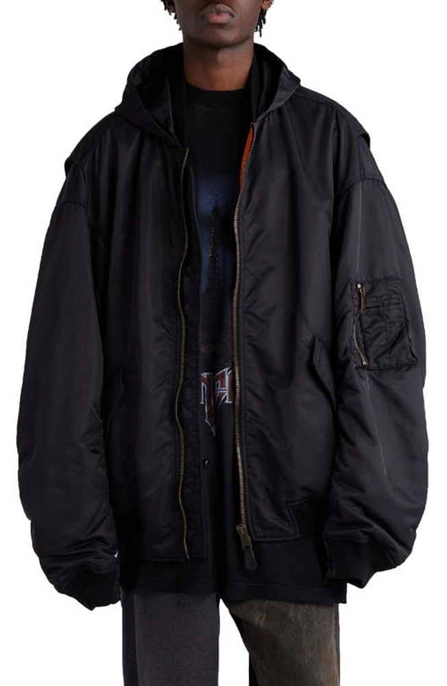 Balenciaga Tape Logo Oversize Hooded Bomber Jacket Black at Nordstrom,