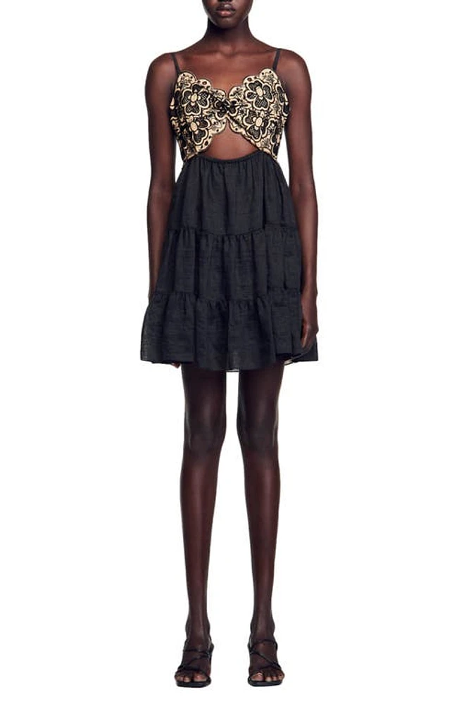 sandro Mathildana Embroidered Cutout Minidress Beige /Black at Nordstrom,