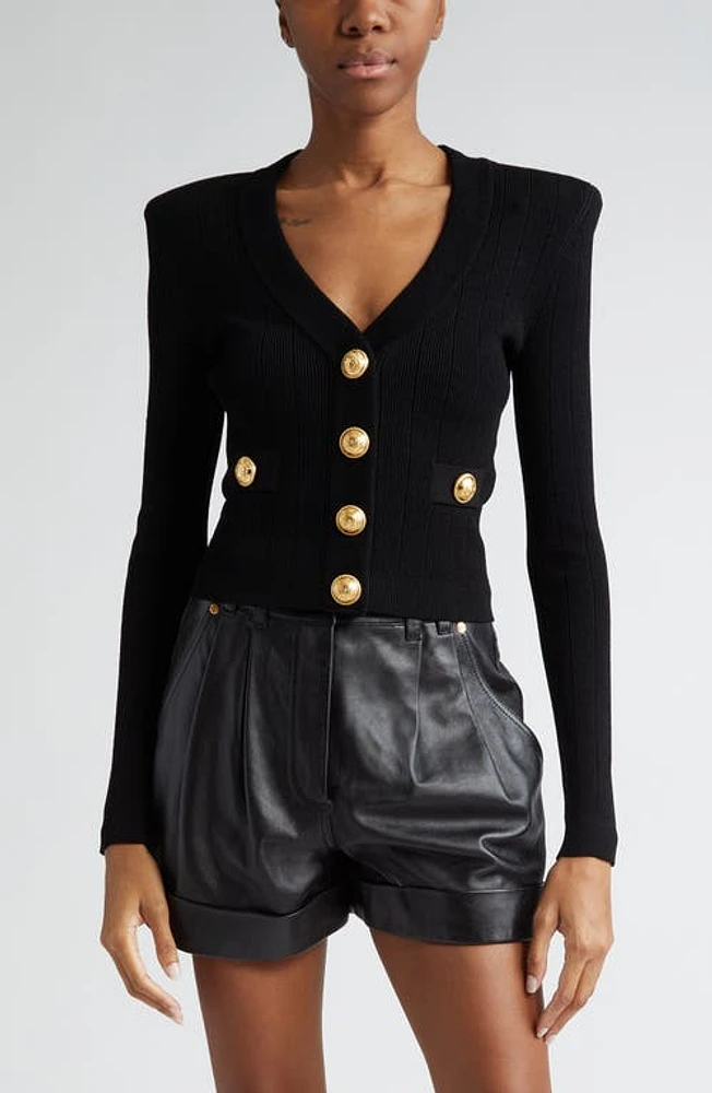 Balmain V-Neck Crop Pointelle Rib Cardigan Black at Nordstrom, Us