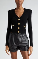 Balmain V-Neck Crop Pointelle Rib Cardigan Black at Nordstrom, Us