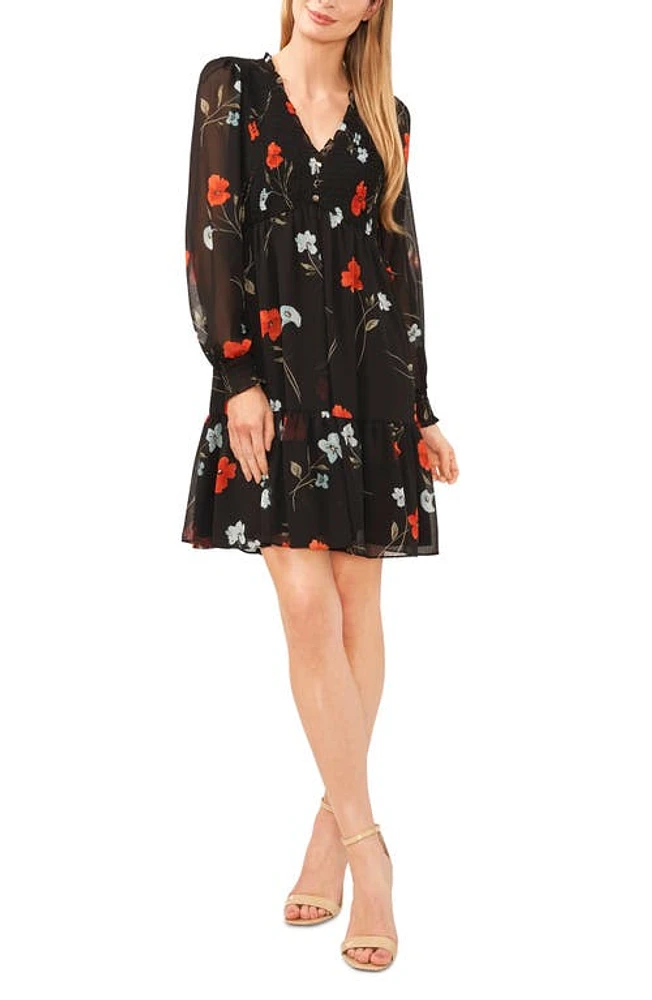 CeCe Floral Print Long Sleeve Babydoll Dress Rich Black at Nordstrom,