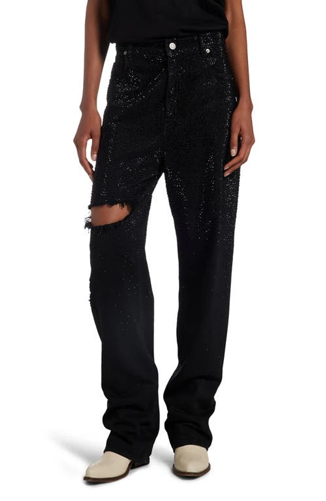 Golden Goose Crystal Embellished Ripped Straight Leg Jeans Black at Nordstrom,