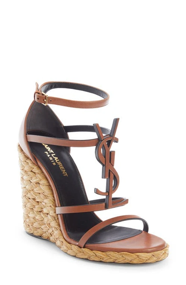 Saint Laurent Cassandra YSL Logo Raffia Wedge Sandal New Papaya at Nordstrom,