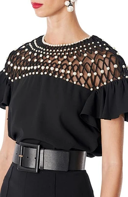 Carolina Herrera Embroidered Yoke Short Sleeve Top in Black at Nordstrom, Size 2