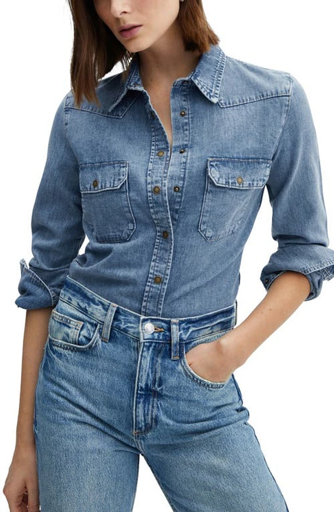 MANGO Western Denim Snap-Up Shirt Medium Blue at Nordstrom,