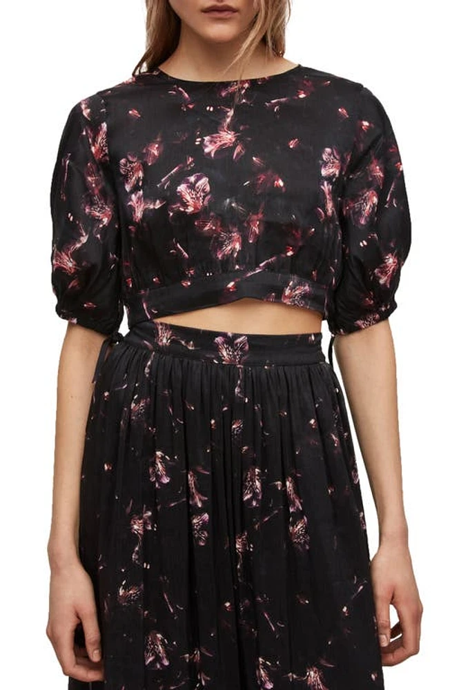 AllSaints Floral Linen & Silk Crop Top Black at Nordstrom, Us