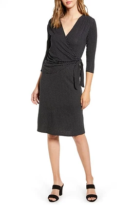 Loveappella Dot Print Wrap Midi Dress in Black/Ivory at Nordstrom, Size Medium