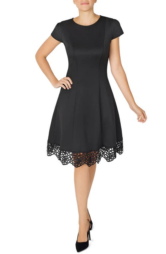 Donna Ricco Tulip Sleeve Lace Hem Fit & Flare Dress Black at Nordstrom,