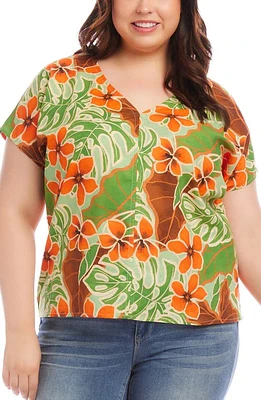 Karen Kane Floral Print Dolman Sleeve Linen Blend Top Green at Nordstrom,