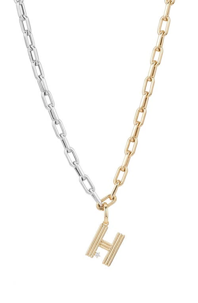 Adina Reyter Two-Tone Paper Cip Chain Diamond Initial Pendant Necklace in Yellow Gold - H at Nordstrom, Size 16