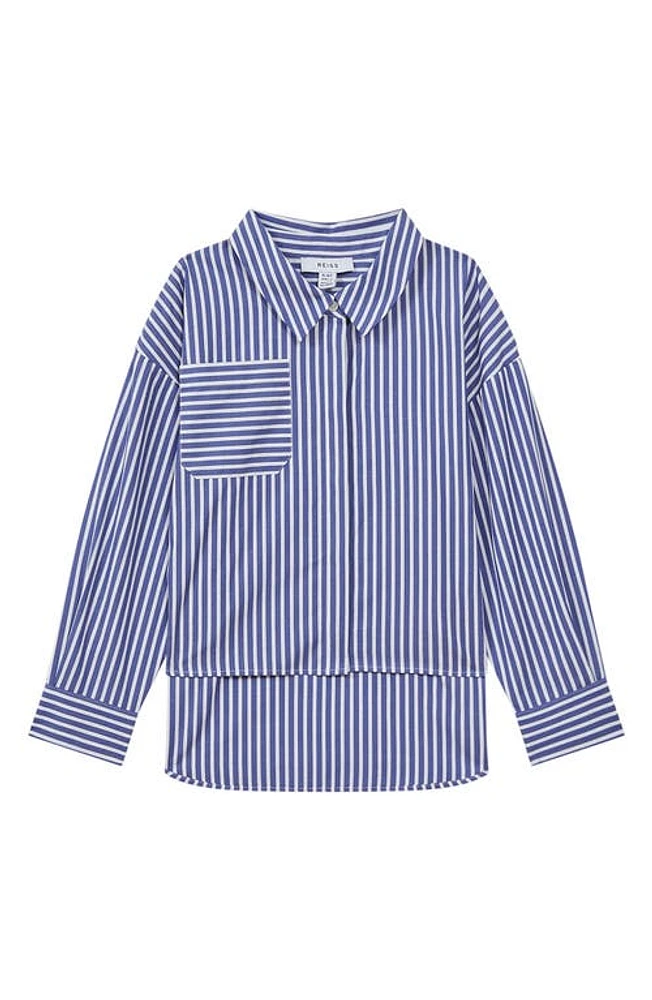 Reiss Kids' Danica Sr Stripe Long-Sleeve Button-Up Shirt Blue at Nordstrom, Y