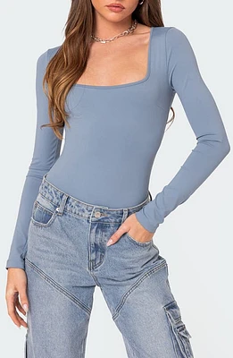 EDIKTED Joanna Square Neck Long Sleeve Bodysuit in Light-Blue at Nordstrom, Size Small