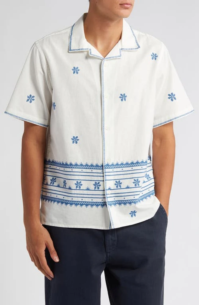 Wax London Didcot Daisy Embroidered Cotton & Linen Button-Up Shirt Ecru/Blue at Nordstrom,