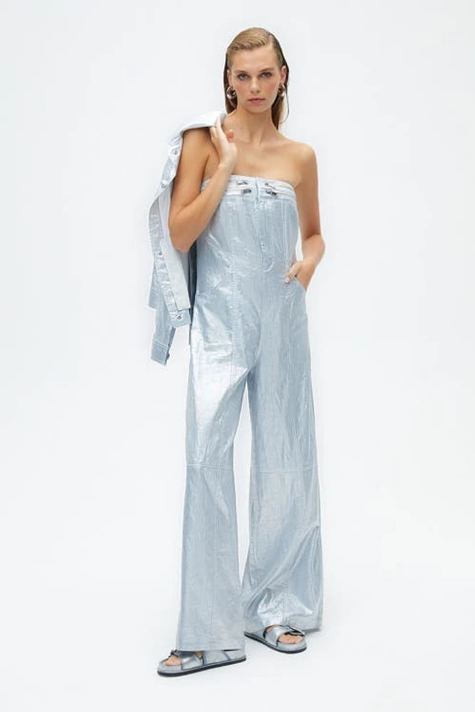 Nocturne Metallic Strapless Jumpsuit in Blue at Nordstrom