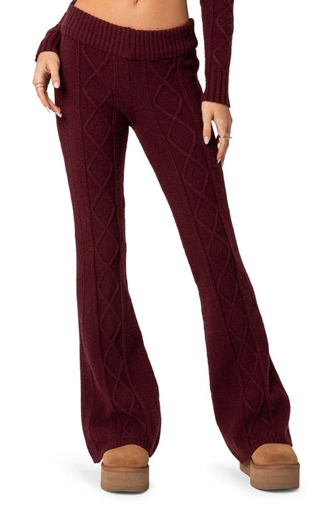 EDIKTED Ray Cable Stitch Flare Sweater Pants Burgundy at Nordstrom,