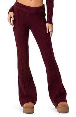 EDIKTED Ray Cable Stitch Flare Sweater Pants Burgundy at Nordstrom,