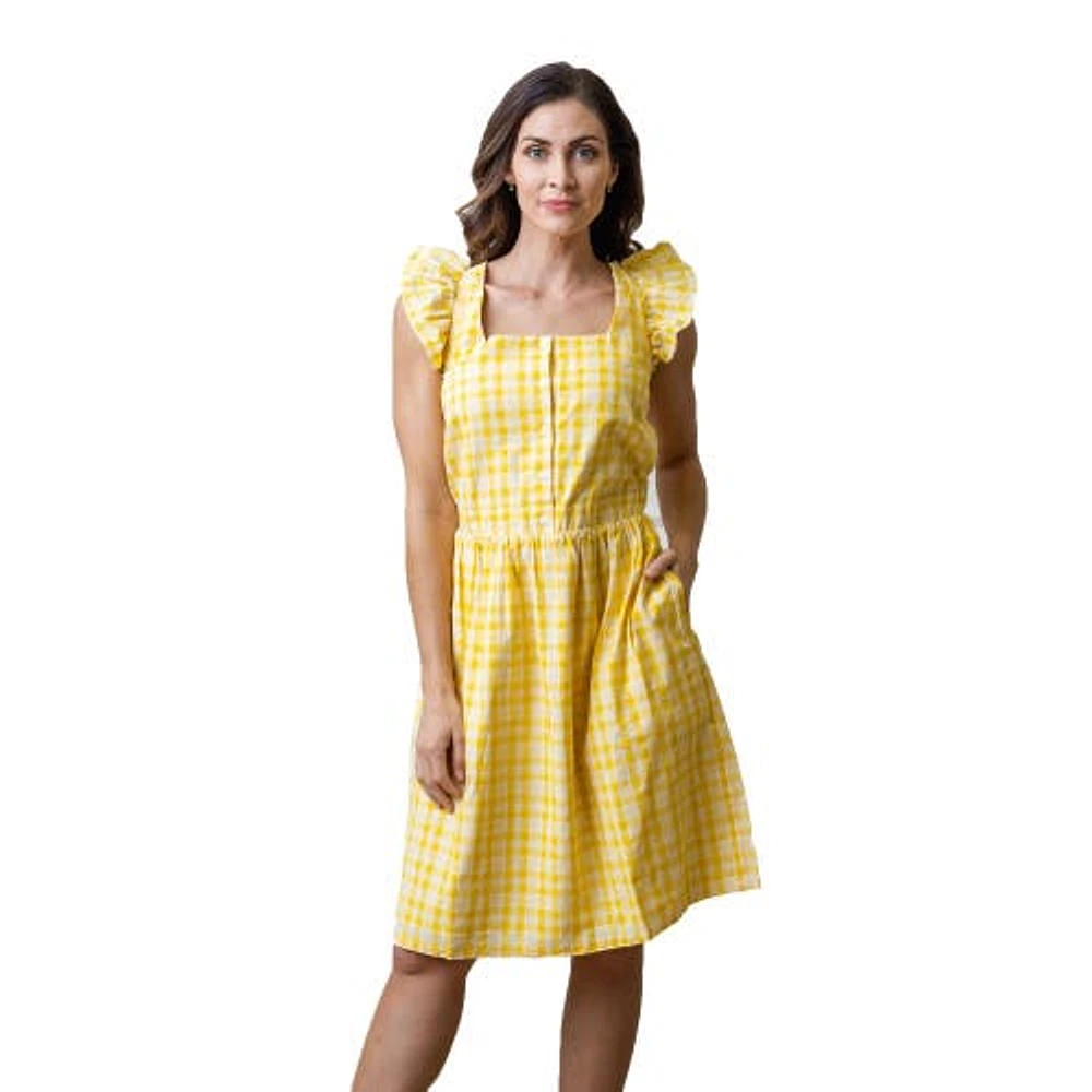 Hope & Henry Womens' Flutter Sleeve Sun Dress in Yellow Plaid Linen at Nordstrom