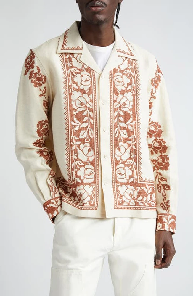 Bode Cross Stitch Rose Garland Linen Camp Shirt Brown White at Nordstrom,