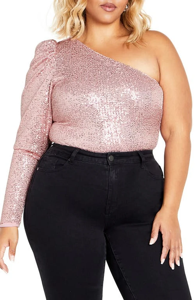 City Chic Katelyn Sequin One-Shoulder Bodysuit in Soft Pink at Nordstrom, Size Xxs