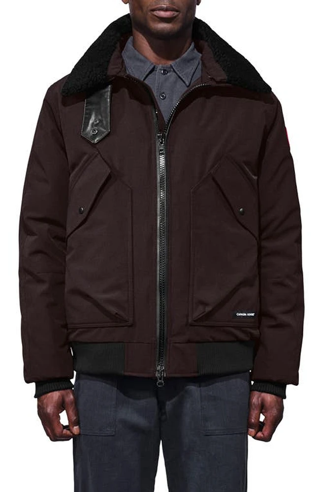 Canada Goose Bromley Slim Fit Down Bomber Jacket with Genuine Shearling Collar in Charred Wood at Nordstrom, Size X-Small