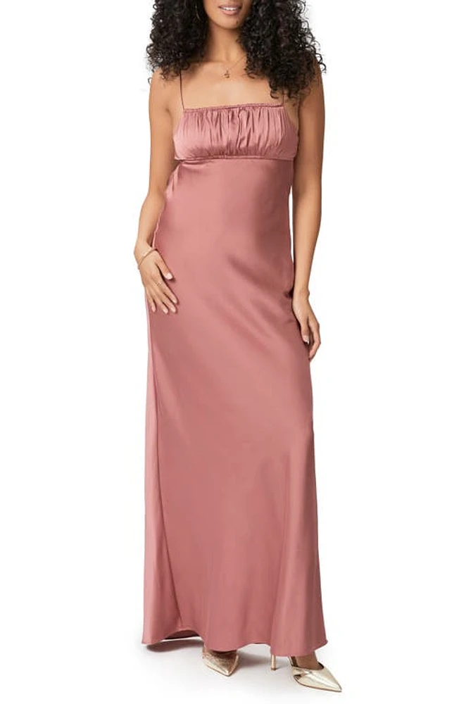 PAIGE Miren Ruched Bodice Satin Midi Dress Desert Dusk at Nordstrom,