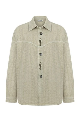 Nocturne Denim Shirt with Embroidered Accessories in Dark Beige at Nordstrom