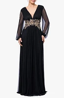 Betsy & Adam Metallic Floral Appliqué Long Sleeve Gown Black/Gold at Nordstrom,