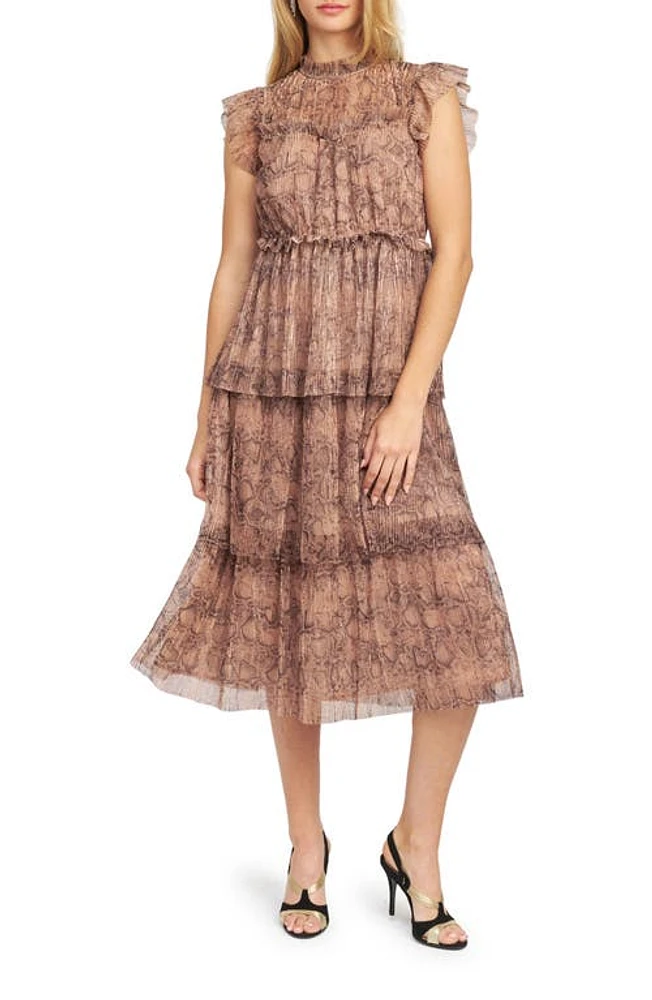 En Saison Metallic Snakeskin Print Tiered Ruffle Midi Dress in Rose Gold at Nordstrom, Size Medium