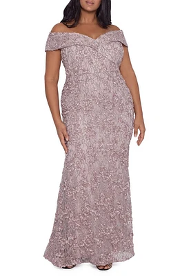 Xscape Evenings Off the Shoulder Embroidered Lace Gown Taupe at Nordstrom,