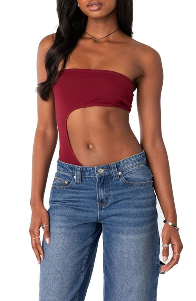 EDIKTED Indy Cutout Strapless Bodysuit Burgundy at Nordstrom,