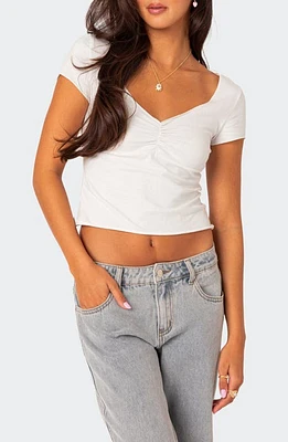 EDIKTED Ruched V-Neck Crop Top White at Nordstrom,