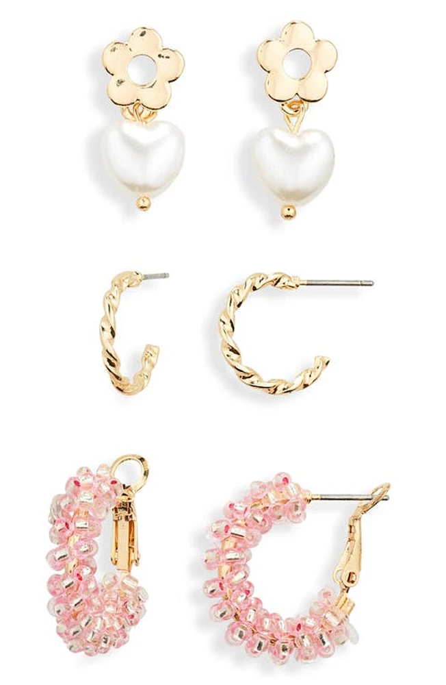 BP. Assorted 3-Pack Imitation Pearl & Hoop Earring Pairs in Gold- White- Pink at Nordstrom