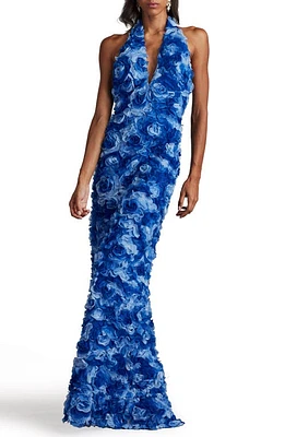 Tadashi Shoji 3-D Floral Halter Neck Gown Mystic Blue at Nordstrom,