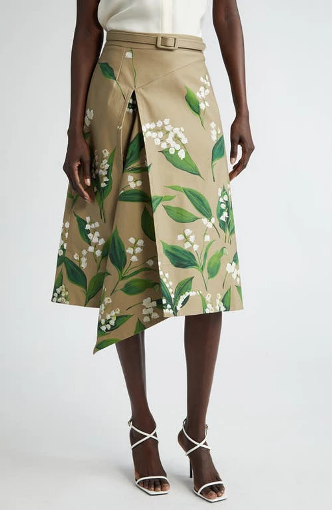 Oscar de la Renta Lily of the Valley Asymmetric Stretch Twill Skirt White/Khaki at Nordstrom,