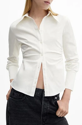 MANGO Fitted Ruched Button-Up Shirt Off White at Nordstrom,