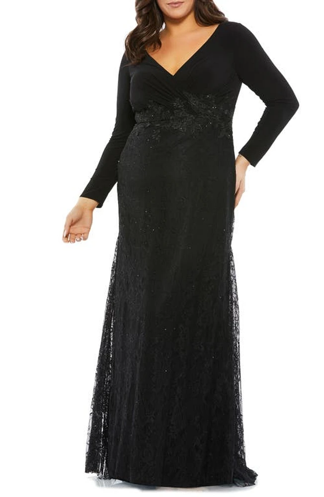 Mac Duggal Lace Long Sleeve Empire Gown Black at Nordstrom,